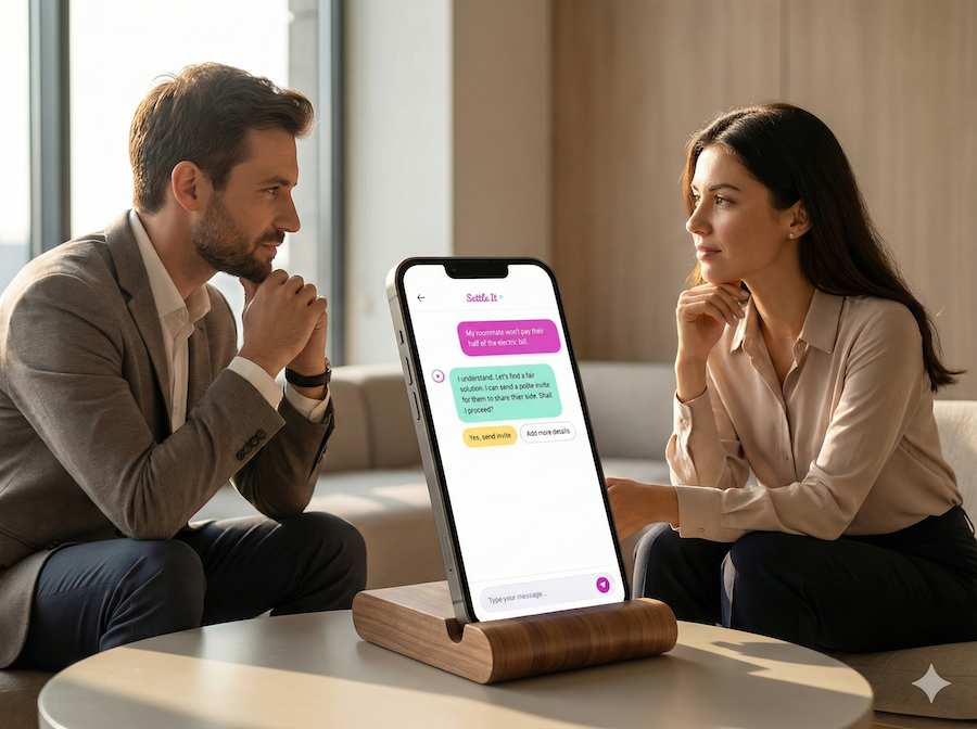 SettleIt AI chat app on smartphone — resolving a roommate bill dispute with fair mediation
